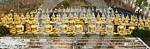 Multiple rows of golden statues of the Buddha at Wat Phou Salao, Pakse, Laos photo