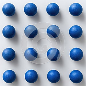 Even rows of matte blue balls aligned on white, orderly grid arrangement with subtle shadows and