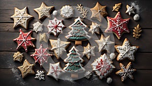 Multiple rustic looking Christmas cookies on a wooden table