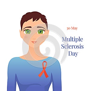 Multiple sclerosis poster  with a woman wearing an orange ribbon