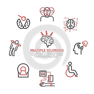 Multiple sclerosis banner. Symptoms, Causes, Treatment. Line icons set. Vector signs for web graphics. photo