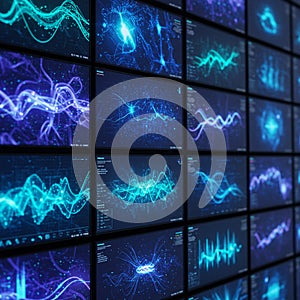 Multiple screens display abstract digital waveforms and data visualizations. Vibrant