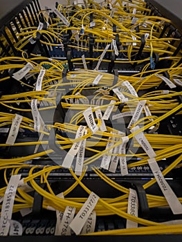 multiple server rack cables, cloud storage, indicators of different colors, lan