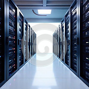 Multiple server racks against a pristine white backdrop , center, server farm, modern technology