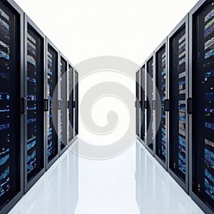 Multiple server racks against a pristine white backdrop , IT, data processing, clean background