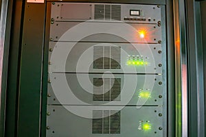 Multiple servers installed in the rack in the control room