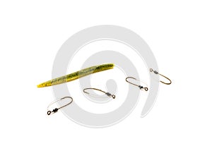 Multiple weedless bait holder hooks with single pumpkin plastic worm isolated on white