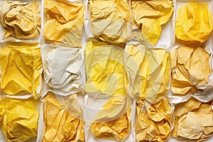 multiple shots of yellowed, crumpled, greaseproof paper