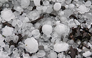 Multiple sizes of hailstones on ground