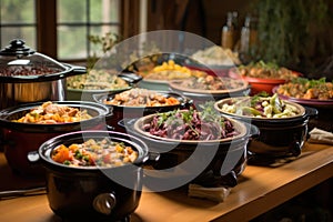 multiple slow cookers lined up, each containing different dishes