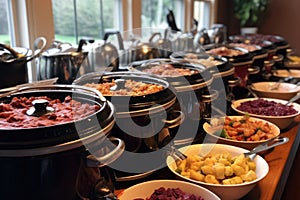 multiple slow cookers lined up, each containing different dishes