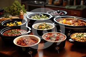 multiple slow cookers lined up, each with different meals inside