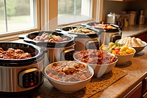 multiple slow cookers lined up, each with different meals inside