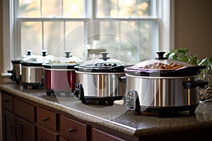 multiple slow cookers lined up, showcasing variety