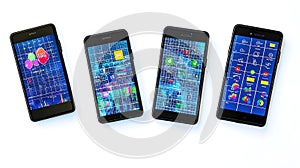 Multiple smartphones displaying data visualizations