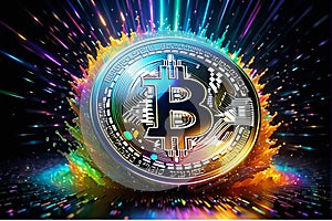 Multiple smoky colors emerging from the bitcoin, abstract art on solid black background, Crypto trading concept photo