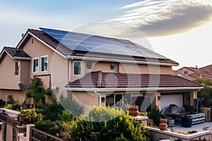 Multiple Solar Panels Installed On Residential Rooftop. Generative AI