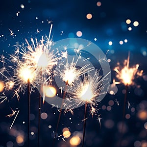 Multiple sparklers emitting bright, sparkling light against a dark blue background. New Year
