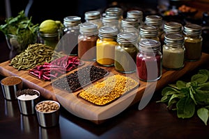 multiple spice jars beside vegetable board