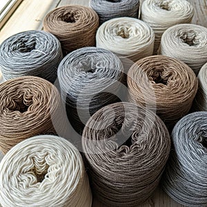 Multiple spools of yarn are arranged