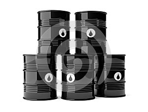 Multiple stacked black metal oil barrels with drop symbols over white background