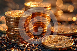 Multiple stacks of shiny gold coins on a surface with a warm background , AI generated