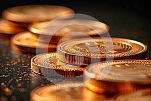 Multiple stacks of shiny gold coins on a surface with a warm background , AI generated
