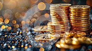 Multiple stacks of shiny gold coins on a surface with a warm background , AI generated