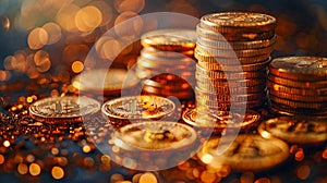 Multiple stacks of shiny gold coins on a surface with a warm background , AI generated