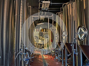 Multiple Stainless Steel Vats in a Brewing Room at a Micro Brewery