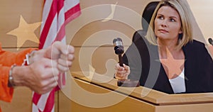 Multiple stars against caucasian female judge knocking a gavel in the court room