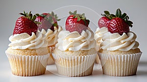 Multiple strawberry-topped cupcakes with whipped frosting.