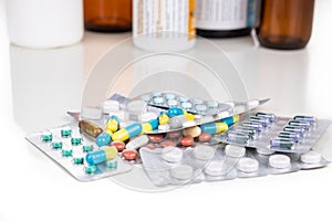 Multiple strips of pills tablet, caplet, capsule. Medication for various disease photo