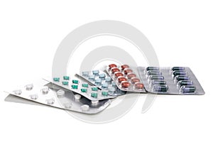Multiple strips of pills tablet, caplet, capsule. Medication for various disease photo