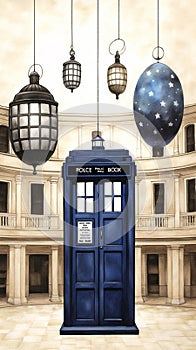 Multiple TARDIS, from Doctor Who, space-time machine, blue police phone call box, Generative AI