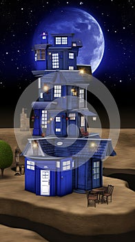 Multiple TARDIS, from Doctor Who, space-time machine, blue police phone call box, Generative AI