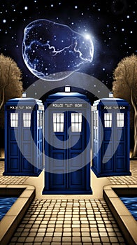 Multiple TARDIS, from Doctor Who, space-time machine, blue police phone call box, Generative AI
