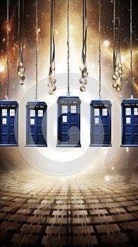 Multiple TARDIS, from Doctor Who, space-time machine, blue police phone call box, Generative AI