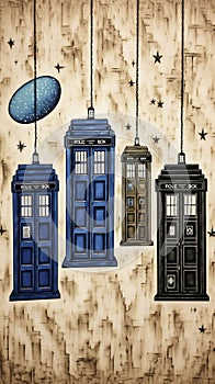 Multiple TARDIS, from Doctor Who, space-time machine, blue police phone call box, Generative AI