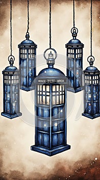 Multiple TARDIS, from Doctor Who, space-time machine, blue police phone call box, Generative AI