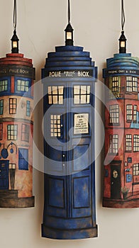 Multiple TARDIS, from Doctor Who, space-time machine, blue police phone call box, Generative AI