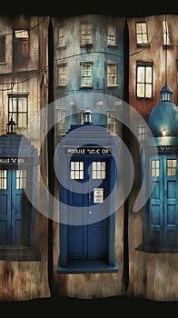 Multiple TARDIS, from Doctor Who, space-time machine, blue police phone call box, Generative AI