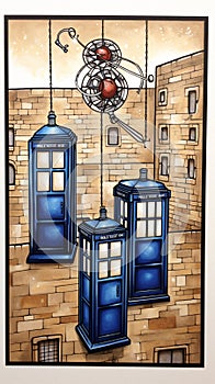 Multiple TARDIS, from Doctor Who, space-time machine, blue police phone call box, Generative AI