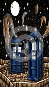 Multiple TARDIS, from Doctor Who, space-time machine, blue police phone call box, Generative AI