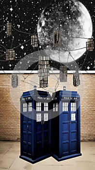 Multiple TARDIS, from Doctor Who, space-time machine, blue police phone call box, Generative AI