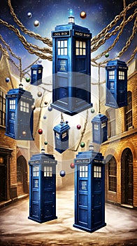 Multiple TARDIS, from Doctor Who, space-time machine, blue police phone call box, Generative AI