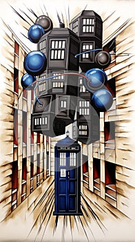 Multiple TARDIS, from Doctor Who, space-time machine, blue police phone call box, Generative AI