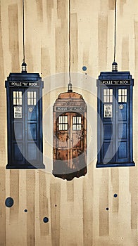 Multiple TARDIS, from Doctor Who, space-time machine, blue police phone call box, Generative AI