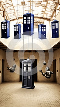 Multiple TARDIS, from Doctor Who, space-time machine, blue police phone call box, Generative AI