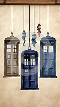 Multiple TARDIS, from Doctor Who, space-time machine, blue police phone call box, Generative AI